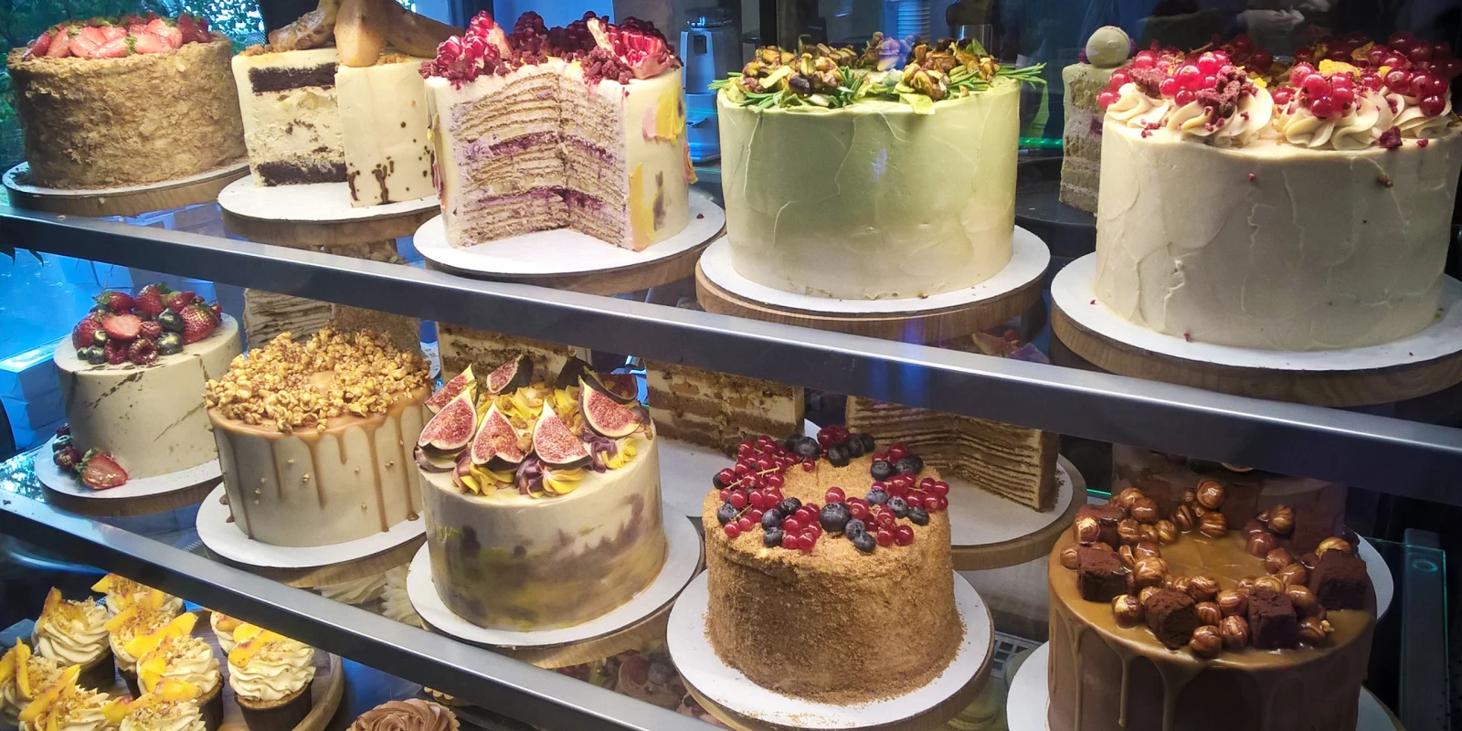 Cakes in the window of a traditional Barcelona pastry shop